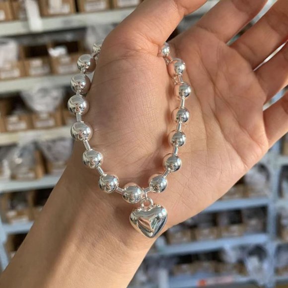 925 Sterling Silver Chunky Silver Heart Beaded Bracelet Statement Bead Bracelet - Picture 2 of 4